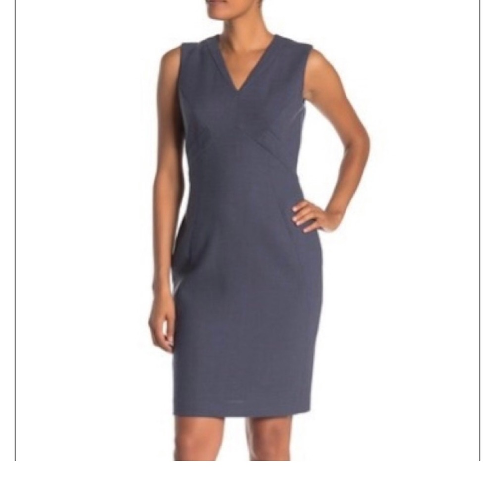 Lafayette 148 New York Navy Blue Stretch Wool V-Neck Sheath Dress Size 14
